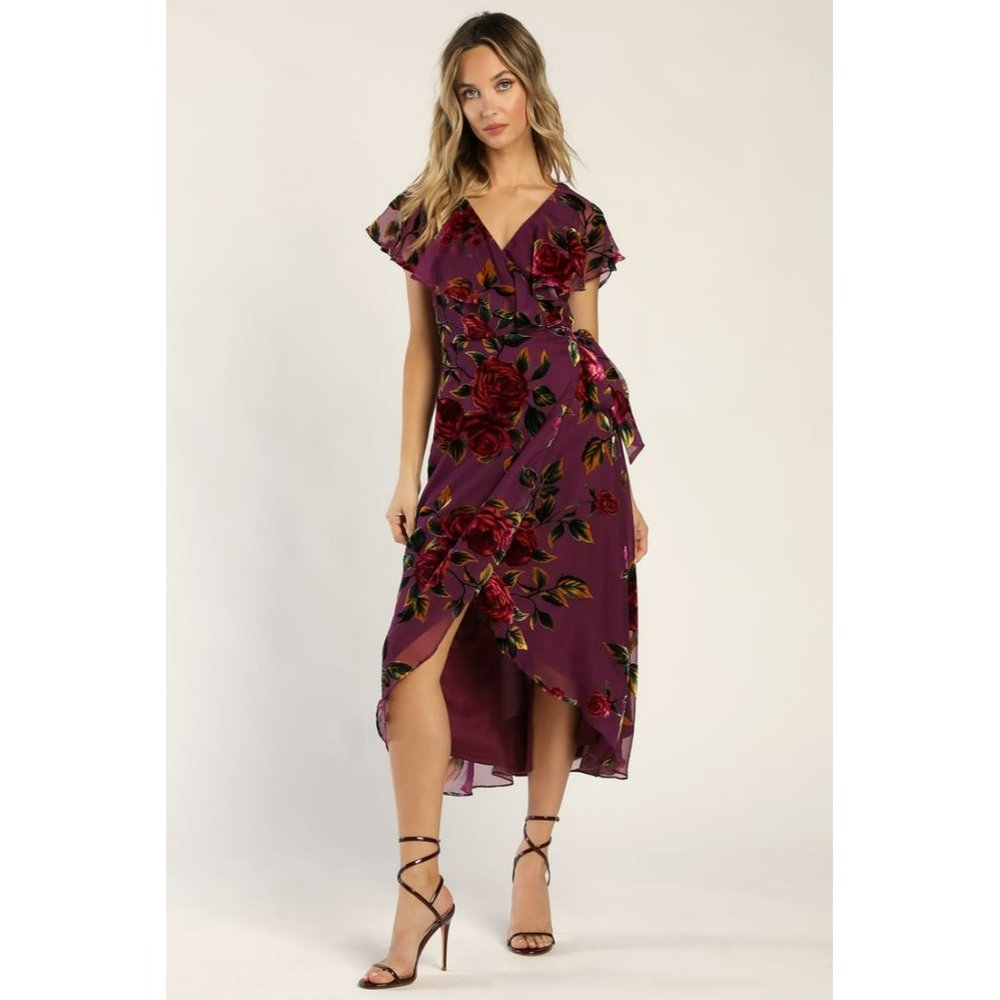 NWT Lulus Floral Passions Plum Purple Floral Velvet Wrap Midi Dress Size Large